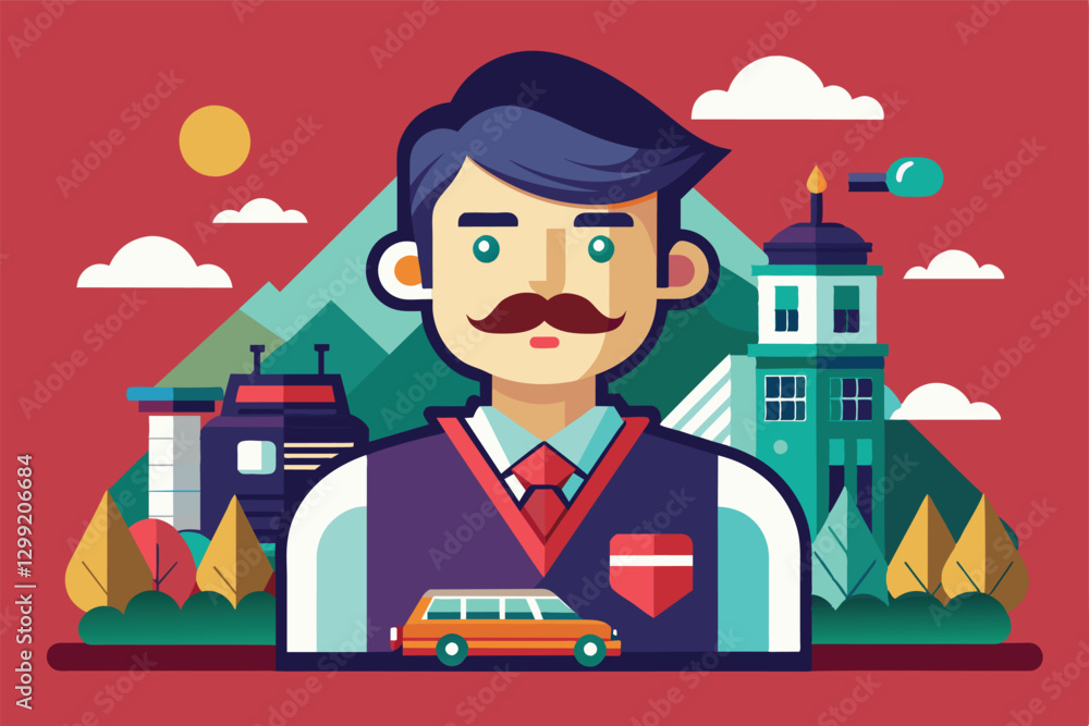 A customizable illustration features a man in a sweater vest set against colorful mountains and structures, Old day Customizable Flat Illustration A customizable illustration features a man in a sweater vest set against colorful mountains and structures, Old day Customizable Flat Illustration