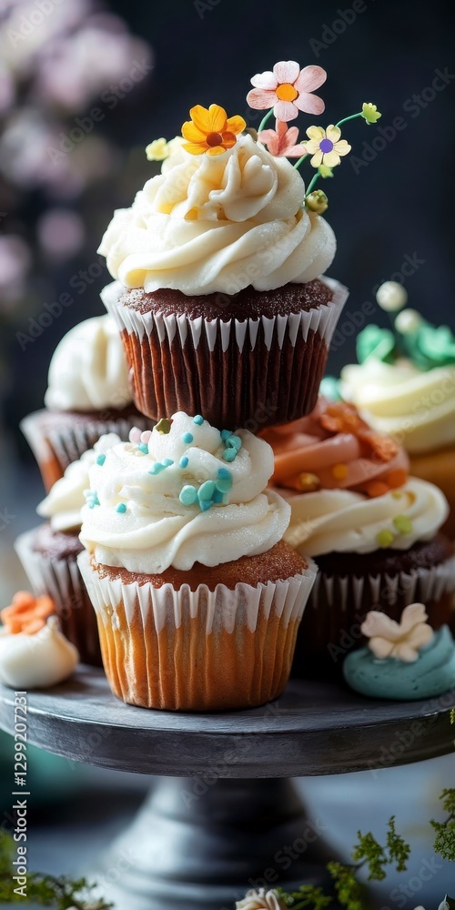 Tower Of Colorful Cupcakes With Vanilla And Chocolate Frosting, Edible Flowers, And Sprinkles On Dark Backgrounds and Colorful Decorations Tower Of Colorful Cupcakes With Vanilla And Chocolate Frosting, Edible Flowers, And Sprinkles On Dark Backgrounds and Colorful Decorations