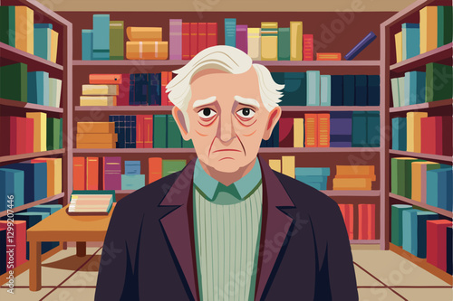 An old man appears contemplative as he stands in a library filled with vibrant books and organized shelves, old man in bookstore