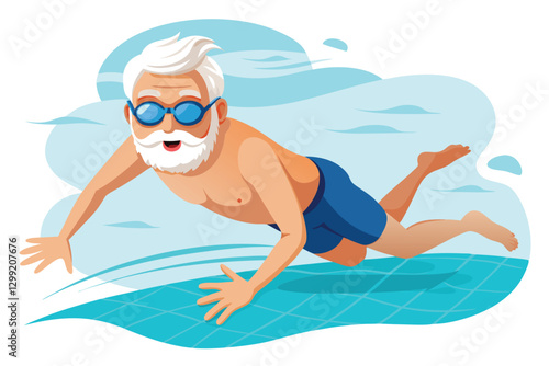 An elderly gentleman swims energetically in a pool, showcasing vitality and enthusiasm, old man swimming in pool . isolated white background