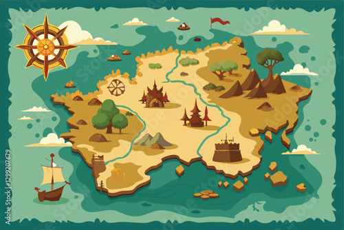 A detailed vintage map showcases a mythical island featuring landmarks, a river, trees, and a sailing ship, Old vintage map