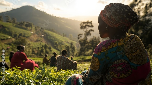 Workers Picking Tea Leaves in Colorful Clothing at Sunset in Kenya
