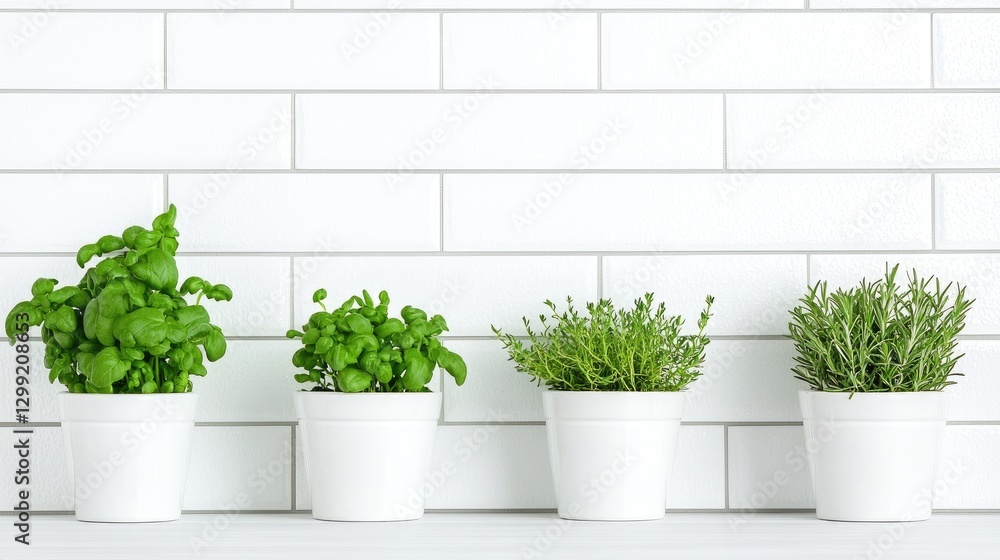 Fresh herbs in white pots on white tile. Kitchen decor. Possible use food photography, home decor, recipe image Fresh herbs in white pots on white tile. Kitchen decor. Possible use food photography, home decor, recipe image