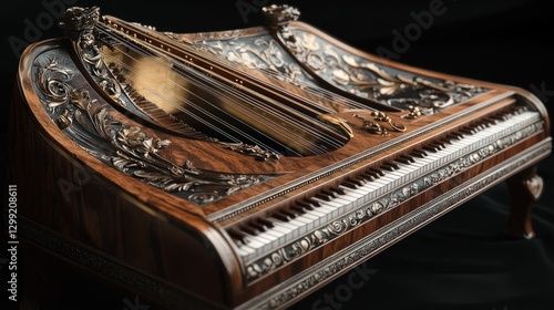 Ornate antique piano, detailed carvings, black background, display piece, potential museum exhibit photo