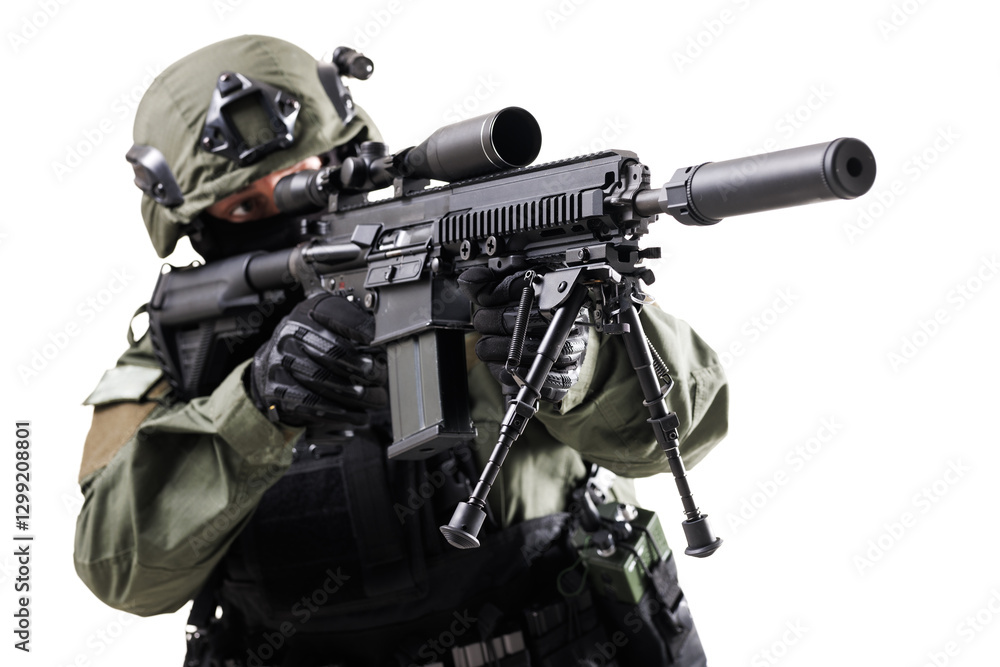 Tactical Soldier in Full Gear Aiming Rifle During a Mission Tactical Soldier in Full Gear Aiming Rifle During a Mission