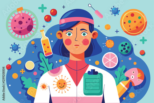 A medical professional stands in a lab, focused on oncology and dermatological research with visual elements, Oncology or dermatological problems,