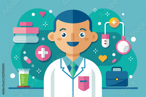 A cartoon depiction of a smiling oncology patient standing in a vibrant clinic filled with medical symbols, Oncology patient Customizable Cartoon Illustration