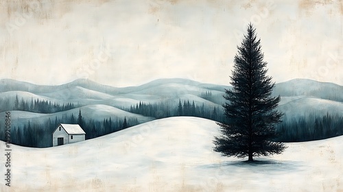 Beautiful Snow Covered Landscape with a Lone Evergreen and a Cozy Cabin photo