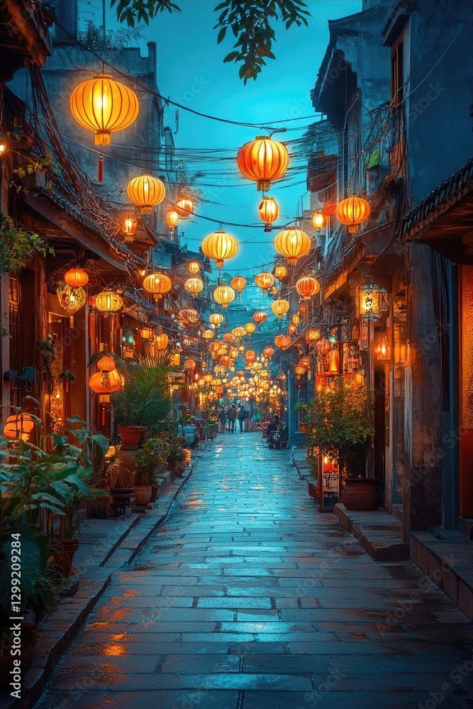 Serene evening street adorned with glowing lanterns, showcasing vibrant culture and tranquility Serene evening street adorned with glowing lanterns, showcasing vibrant culture and tranquility