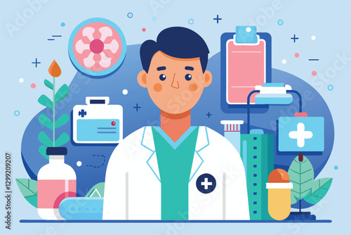 A healthcare professional is surrounded by medical tools and symbols representing oncology care, Oncology patient Customizable Semi Flat Illustration