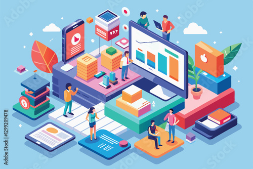 A vibrant isometric illustration depicts customizable online ads along with analytics and digital marketing elements, Online ads Customizable Isometric Illustration