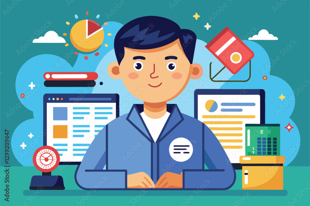 A cartoon character sits at a desk surrounded by screens, charts, and office supplies, engaged in work, Online article Customizable Cartoon Illustration A cartoon character sits at a desk surrounded by screens, charts, and office supplies, engaged in work, Online article Customizable Cartoon Illustration