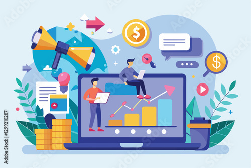 Digital marketers analyze business growth metrics and strategize online promotion using a laptop, Online business promotion trending
