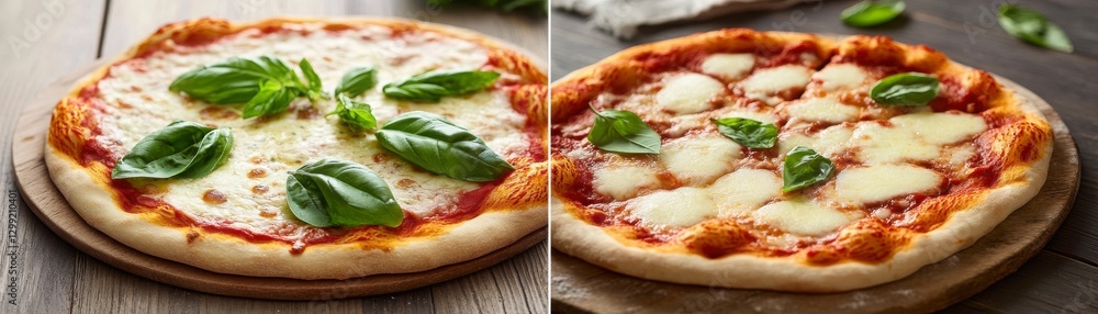 Two Delicious Pizzas with Fresh Basil on Wooden Table Two Delicious Pizzas with Fresh Basil on Wooden Table