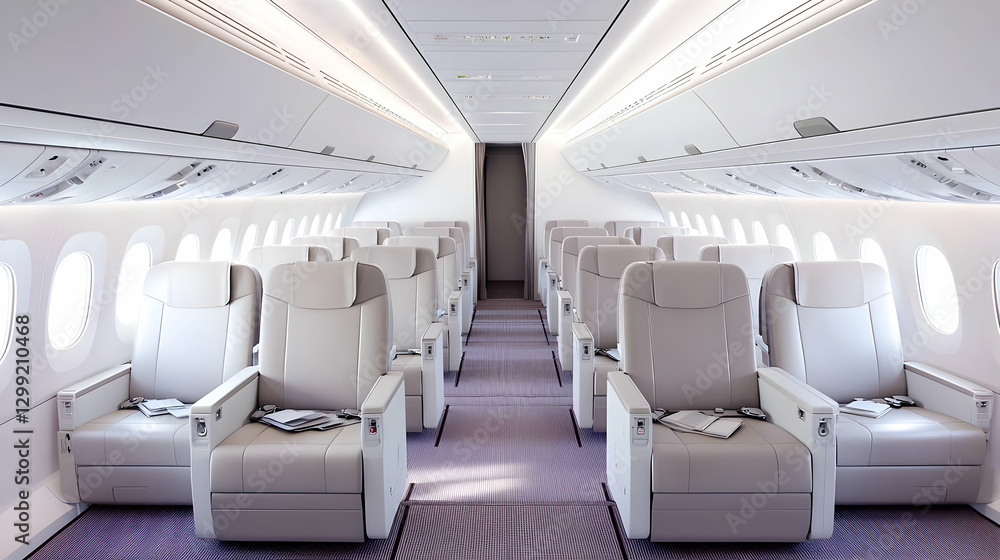 Fototapeta premium Modern Airplane Interior with White Seats and Overhead Lighting Aisle View