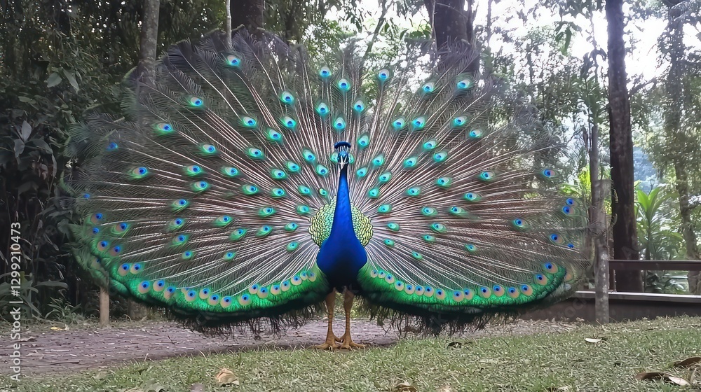 Obraz premium Peacock displays plumage, forest background, nature park, wildlife photography