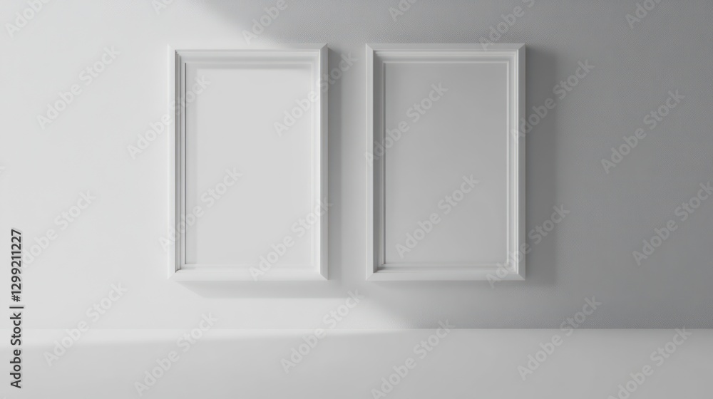 A minimalist interior mockup with two white frames on a soft grey wall. The frames are positioned side by side A minimalist interior mockup with two white frames on a soft grey wall. The frames are positioned side by side