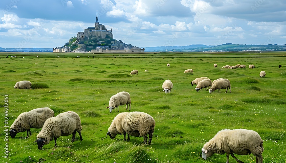 Fototapeta premium Sheep in a meadow with a view of Mont Saint Michel