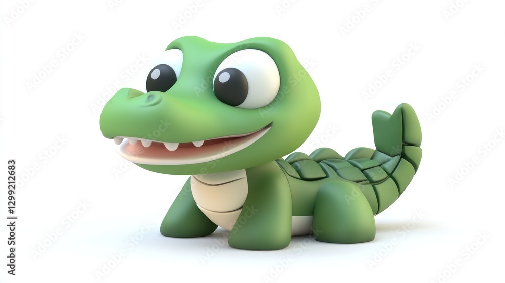 Fototapeta premium Cute baby alligator cartoon 3D render, white background