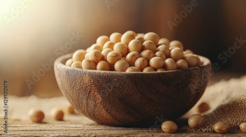 Wooden bowl of soybeans on rustic table, natural light photo