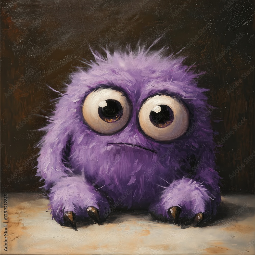 Whimsical Purple Monster with Large Eyes and Shaggy Fur, Sitting on Floor with Paint-Splattered Background Whimsical Purple Monster with Large Eyes and Shaggy Fur, Sitting on Floor with Paint-Splattered Background