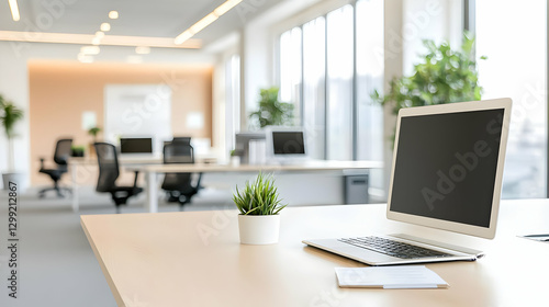 Wallpaper Mural Bright Office Workspace Interior with Laptop on Wooden Desk and Green Plant Torontodigital.ca