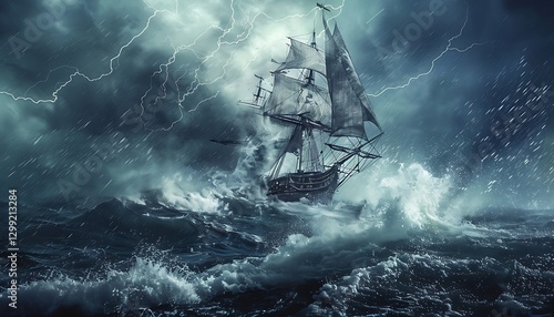 Fototapeta Naklejka Na Ścianę i Meble -  Sailing ship in stormy sea. 3d render illustration.