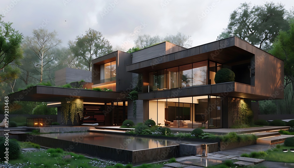 Obraz premium 3d rendering of modern cozy house with parking and pool for sale