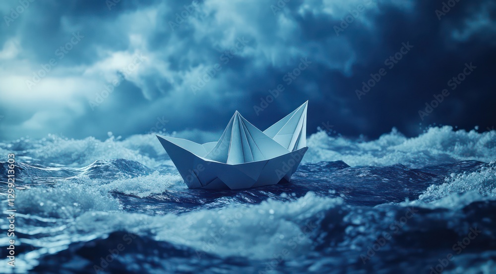 Obraz premium Paper boat stormy sea night hope resilience