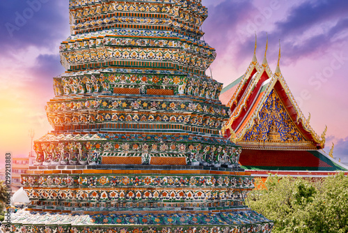 Photography Wat Arun stunning architecture and colorful tiles in Bangkok, Thailand at sunset