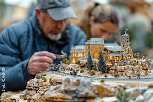 People carefully arrange miniature village scene with lights and trains in outdoor setting during daylight photo