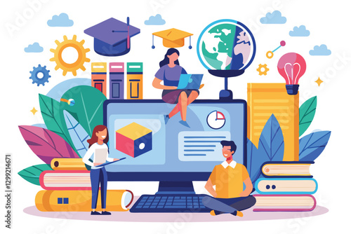 Diverse individuals engage with educational technology surrounded by books, tools, and learning resources, Online education concept,