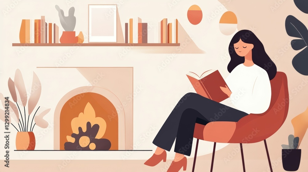 Fototapeta premium Woman reading a book by a fireplace in a warm and cozy library, with a cup of tea on the side table,