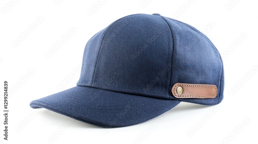 A navy blue snapback hat with a leather strapback closure, isolated on a white background. A navy blue snapback hat with a leather strapback closure, isolated on a white background.