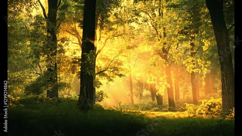 Golden forest background with warm sunlight and gentle breeze. This is a color-graded version with warmer tones for creative versatility.