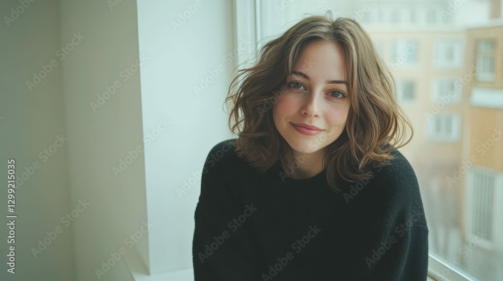 Serene young woman relaxing by a window in a cozy urban apartment setting Serene young woman relaxing by a window in a cozy urban apartment setting