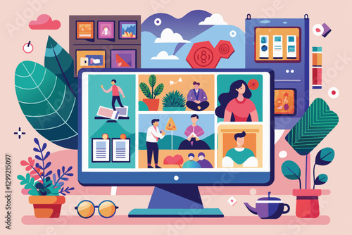 An engaging online gallery features colorful displays of art, plants, and people in creative activities, Online gallery Customizable Disproportionate Illustration