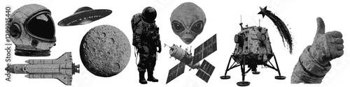 Set of outer space halftone grunge vector design elements