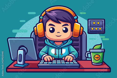A young cartoon character plays online games at a computer, focused and wearing headphones while enjoying a drink, Online games addiction Customizable Cartoon Illustration