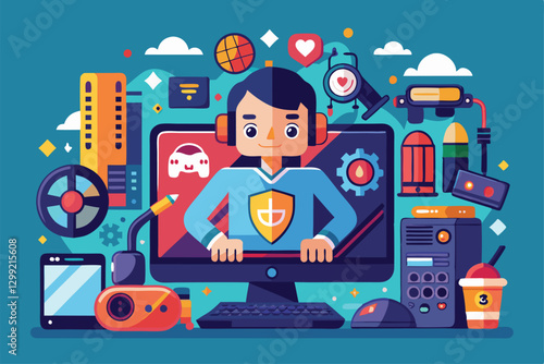 A colorful illustration depicts a gamer immersed in online gaming, highlighting addiction elements and tech, Online games addiction Customizable Semi Flat Illustration
