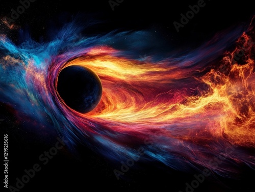 planet being swallowed by a black hole, featuring the explosion of color as the planet disintegrates and the stellar winds of the black hole photo