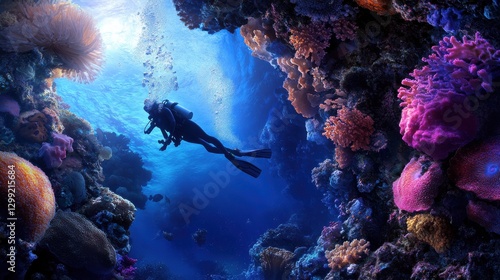 Fototapeta Naklejka Na Ścianę i Meble -  A man is diving in a coral reef