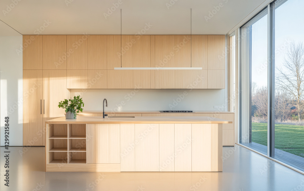 Fototapeta premium Modern kitchen design with wood cabinetry and large windows in bright natural light