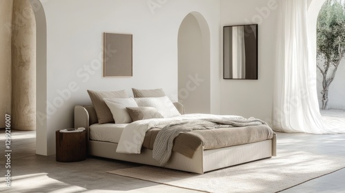 Modern bedroom interior with beige bed, archways, and outdoor view