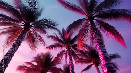 Vibrant sunset view with palm trees silhouetted against a colorful sky, evoking a tropical paradise