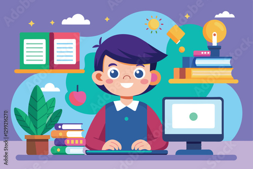 A boy sits at a desk using a computer, surrounded by books and learning materials in a bright study area, Online learning Customizable Cartoon Illustration