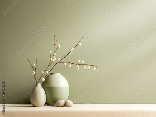 Closeup of minimalist japandi and wabi sabi inspired living room with vase, easter decor and neutral walls
