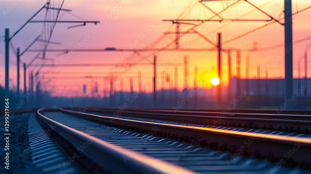 Naklejka premium Railway Tracks Leading Towards Setting Sun Against Gradient Sky in Dramatic Twilight Landscape