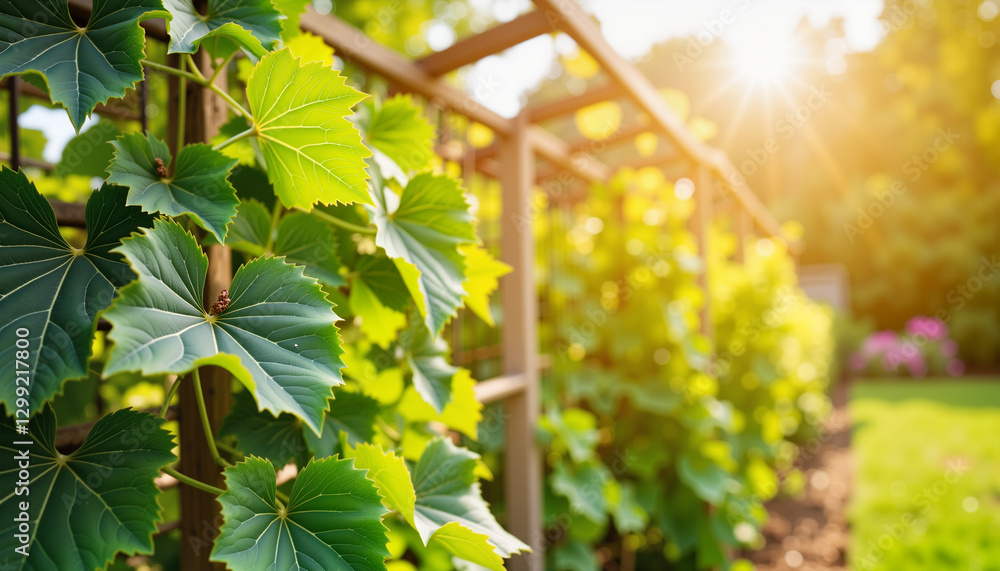 Lush green vines basking in golden sunlight, natural beauty Lush green vines basking in golden sunlight, natural beauty