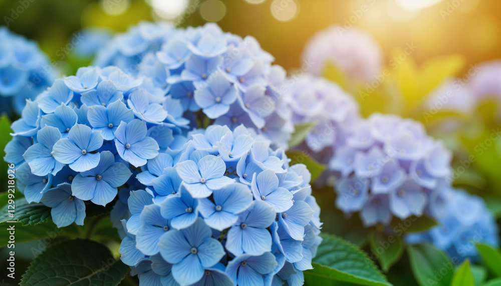 Soft blue hydrangeas blooming in peaceful garden, tranquility and beauty Soft blue hydrangeas blooming in peaceful garden, tranquility and beauty